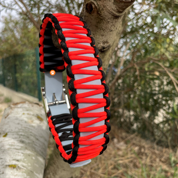 Collier chien BIOTHANE CIEL tressé Paracord Noir/Orange Fluo