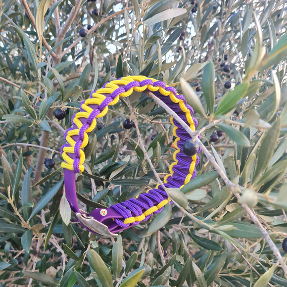Collier chien BIOTHANE VIOLET tressé Paracord Jaune fluo/Violet