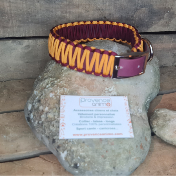 Collier chien BIOTHANE BORDEAUX tressé Paracord Moutarde/Bordeaux