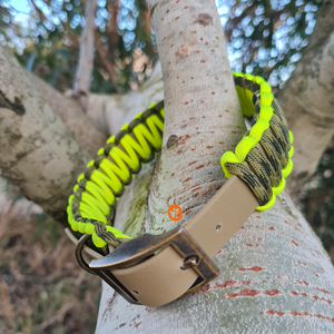 Collier chien BIOTHANE KAKI tressé Paracord Kaki Chiné/Jaune