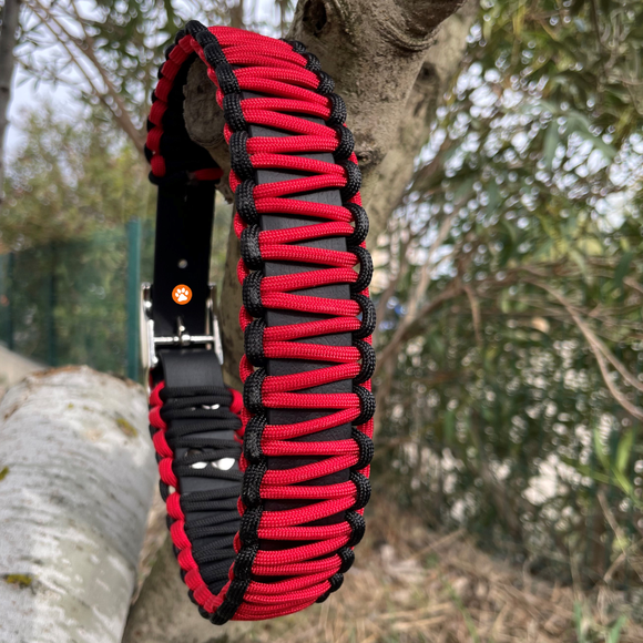 Collier chien BIOTHANE NOIR tressé Paracord Rouge/Noir