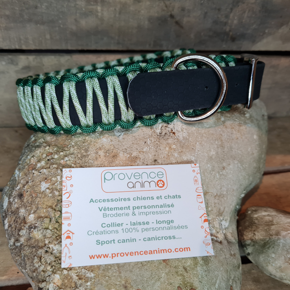 Collier chien BIOTHANE NOIR tressé Paracord Kaki chiné/Vert Forêt
