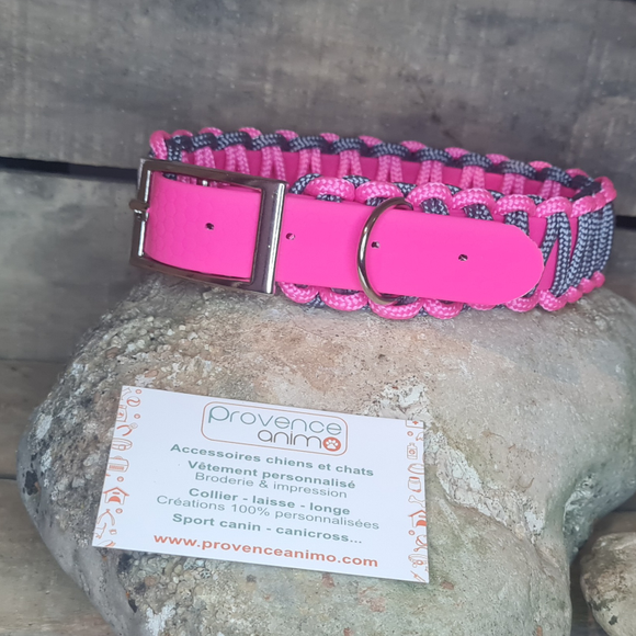Collier chien BIOTHANE ROSE tressé Paracord Gris/Rose