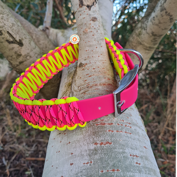 Collier chien BIOTHANE ROSE tressé Paracord Jaune/Rose chiné