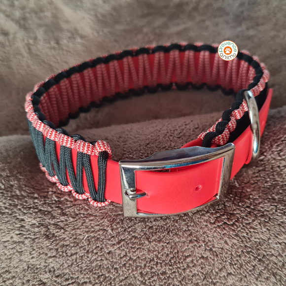 Collier chien BIOTHANE ROUGE tressé Paracord Noir/Rouge chiné