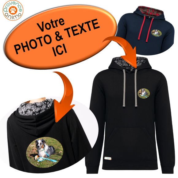 Sweat capuche contrastée avec photo et texte au choix- A personnaliser